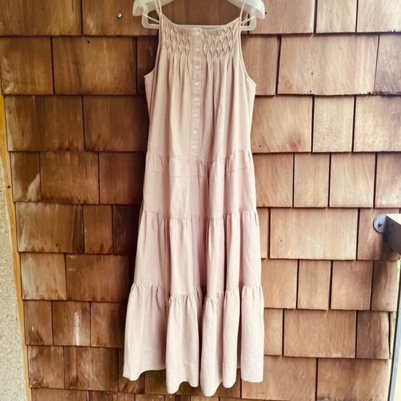 Elie Tahari Tiered Linen-Blend Midi Dress Baige Sundress Size M - Picture 5 of 16